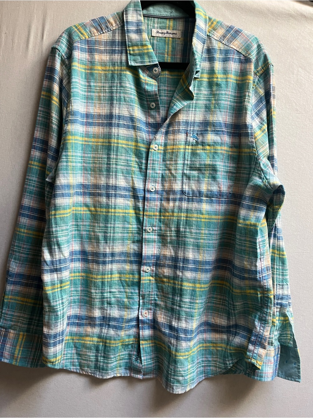 Tommy Bahama Green Blue Plaid Linen Blend Button-Down Shirt - Large